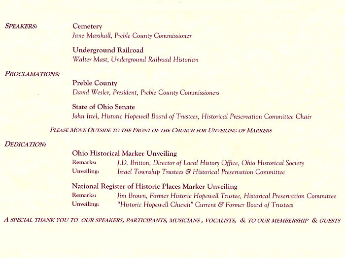 Page 3 of the Dedication Ceremony program. Shows speaker names for proclamations, dedication, and unveiling.