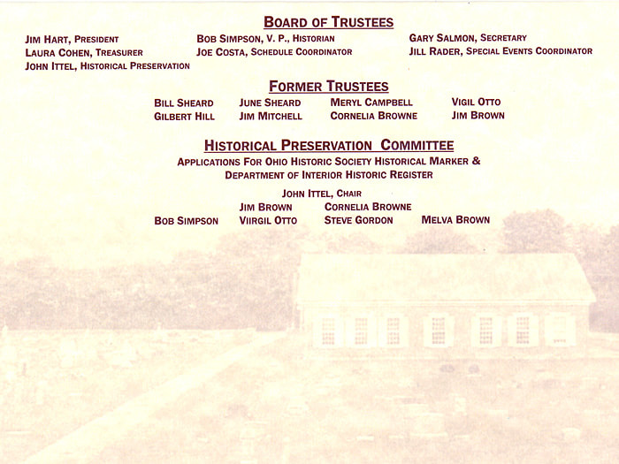 Page 4 of Dedication Ceremony Program. Displays names of Board of trustees, former trustees, and members of the historical preservation committee.